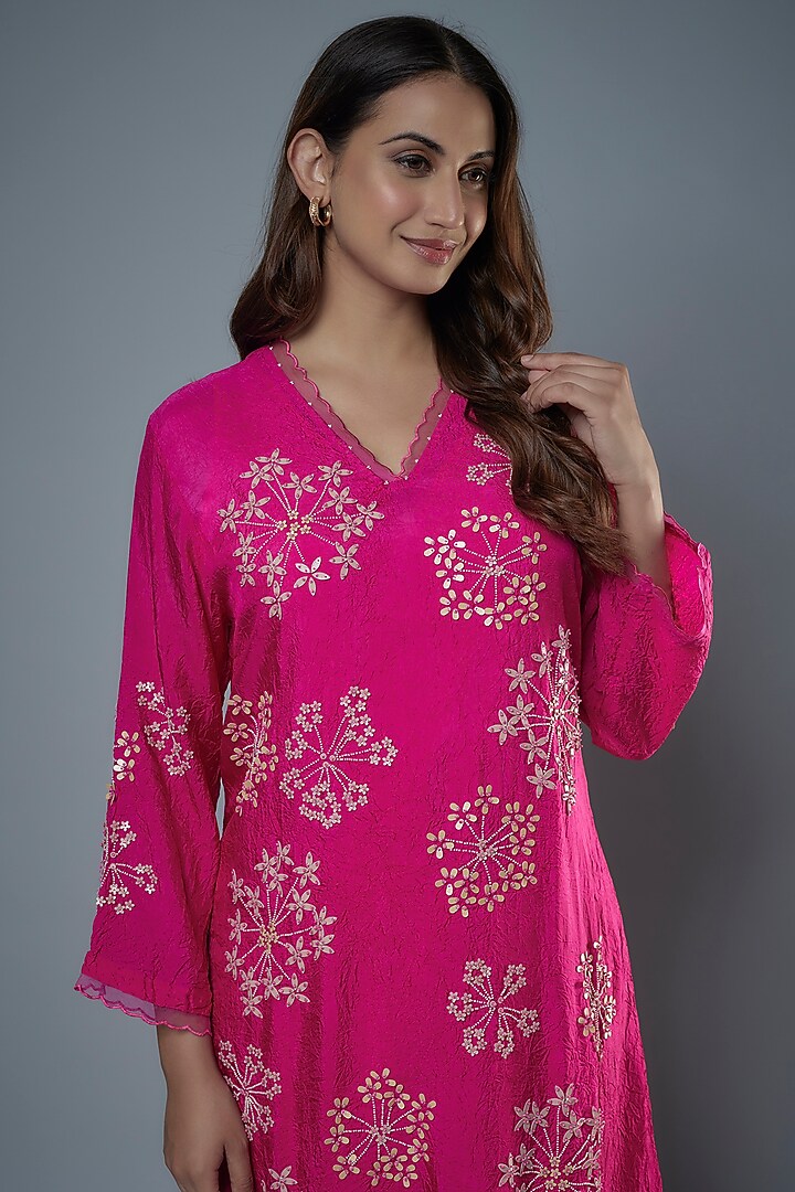 Hot Pink Viscose Silk Hand Embroidered Kurta Set by One not two at Pernia's Pop Up Shop