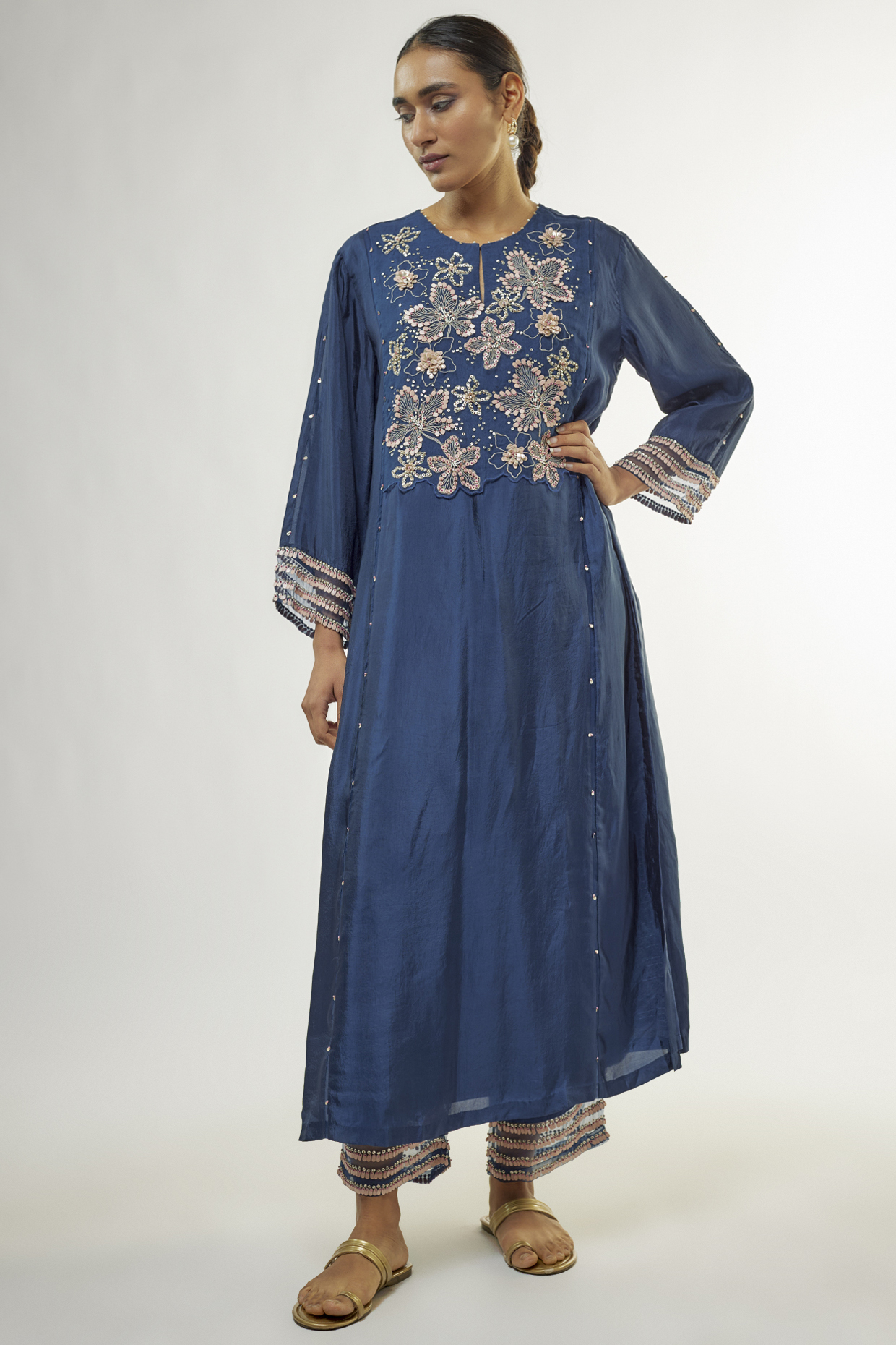 Navy Silk Sequins Embroidered Kurta Set by One not two at Pernia's Pop Up Shop