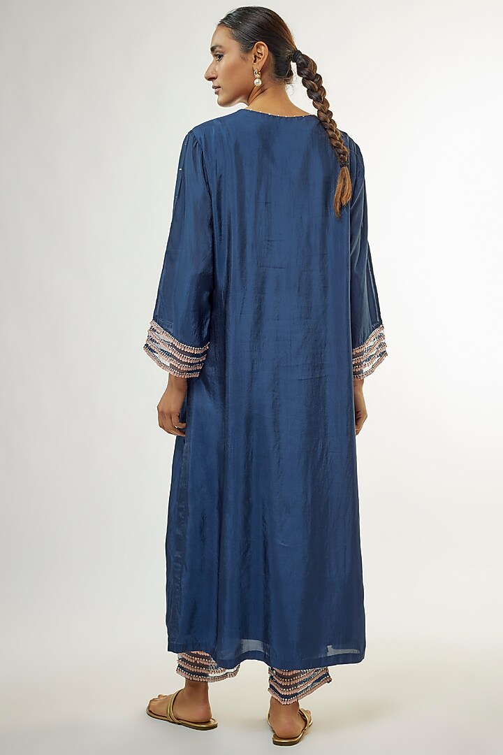 Navy Silk Sequins Embroidered Kurta Set by One not two at Pernia's Pop Up Shop