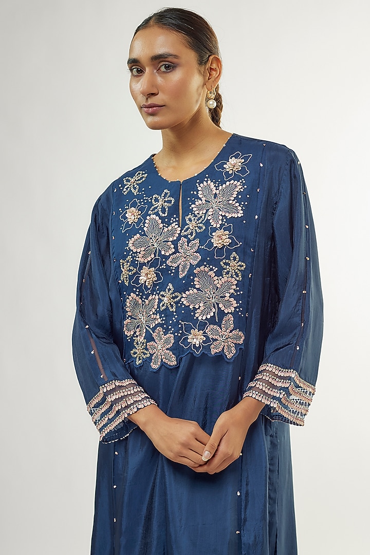 Navy Silk Sequins Embroidered Kurta Set by One not two at Pernia's Pop Up Shop