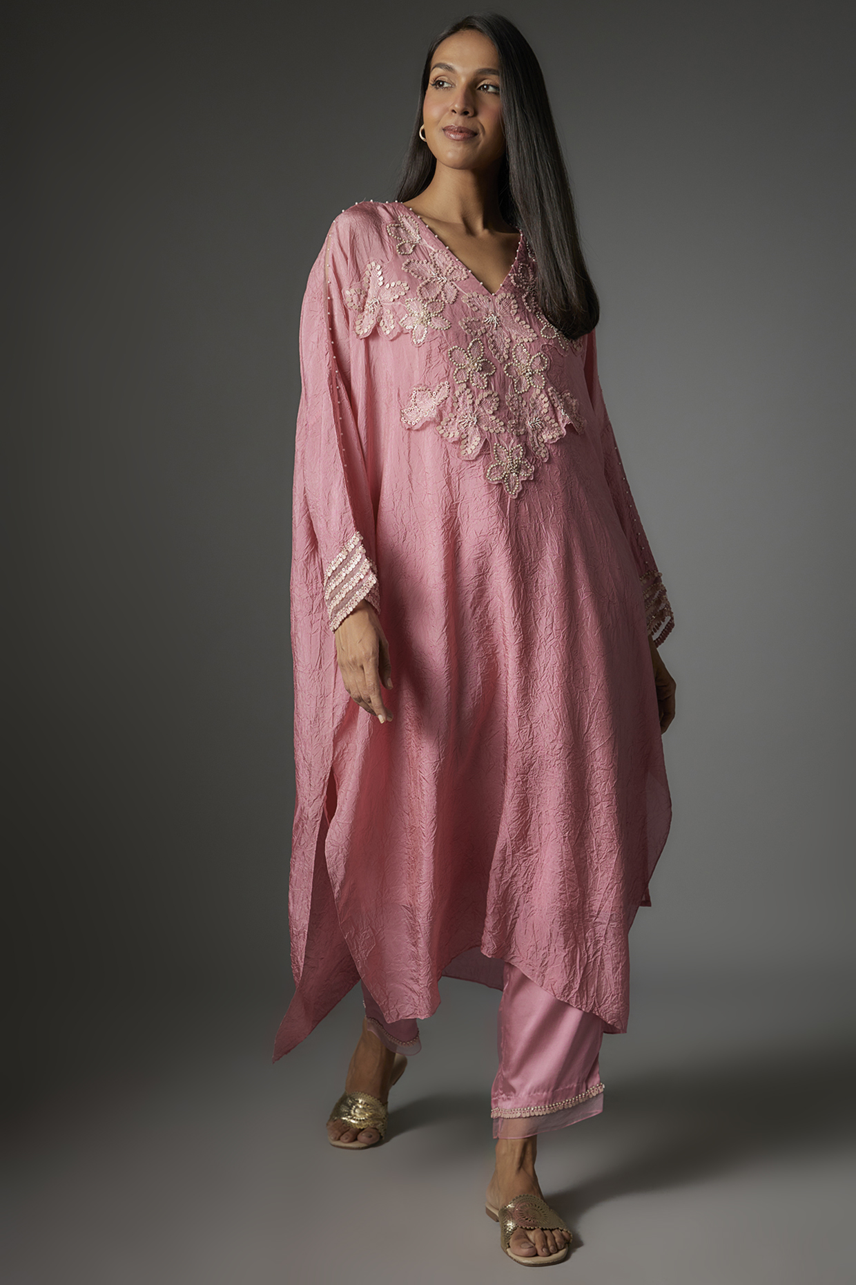 Rose Pink Viscose Silk Embroidered Kaftan Set by One not two at Pernia's Pop Up Shop