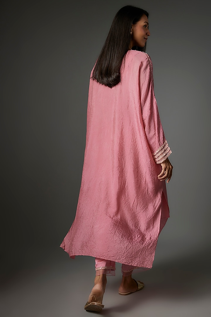 Rose Pink Viscose Silk Embroidered Kaftan Set by One not two at Pernia's Pop Up Shop