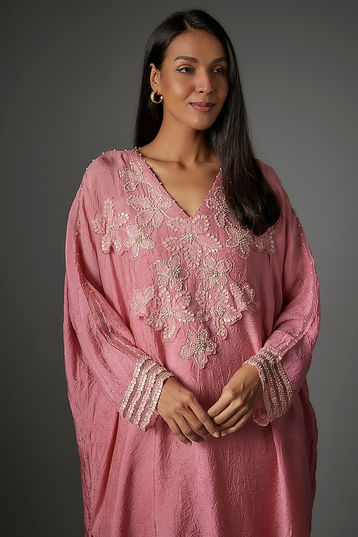 Rose Pink Viscose Silk Embroidered Kaftan Set by One not two at Pernia's Pop Up Shop