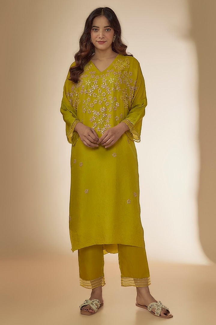 Citrine Yellow Silk Sequins Embroidered Kurta Set by One not two at Pernia's Pop Up Shop