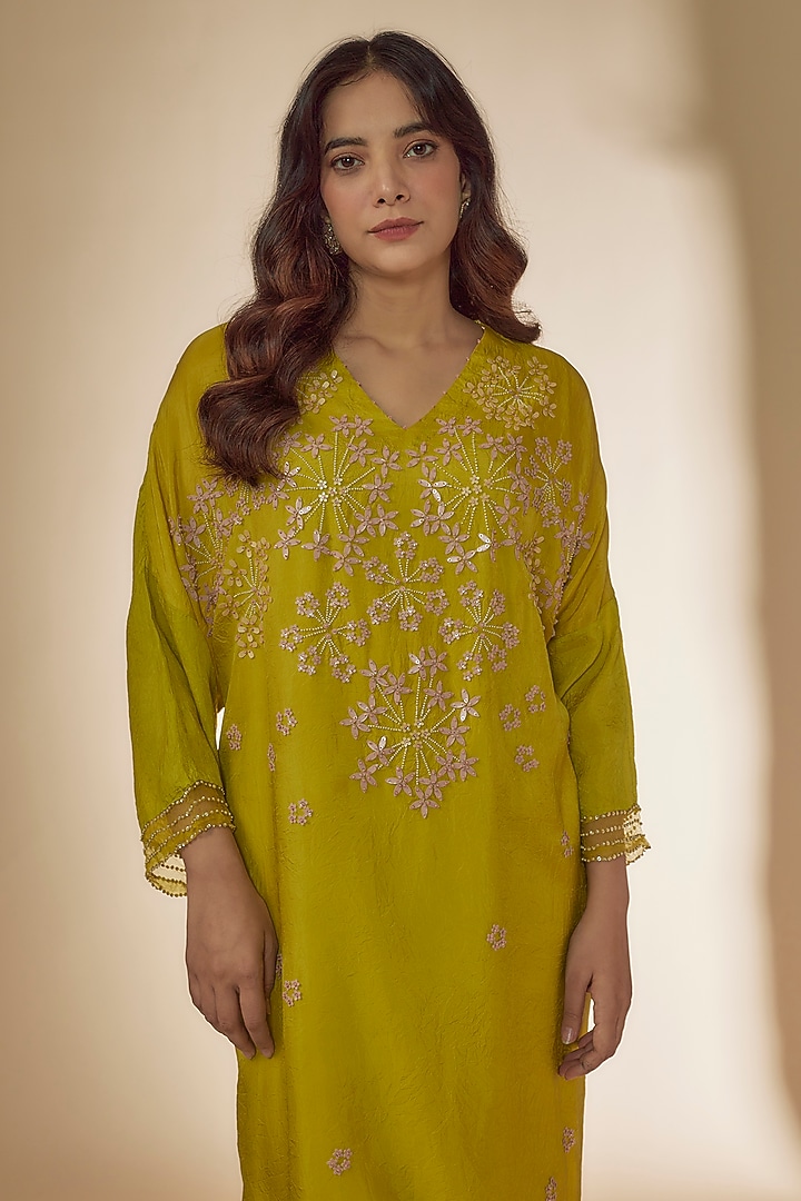 Citrine Yellow Silk Sequins Embroidered Kurta Set by One not two at Pernia's Pop Up Shop