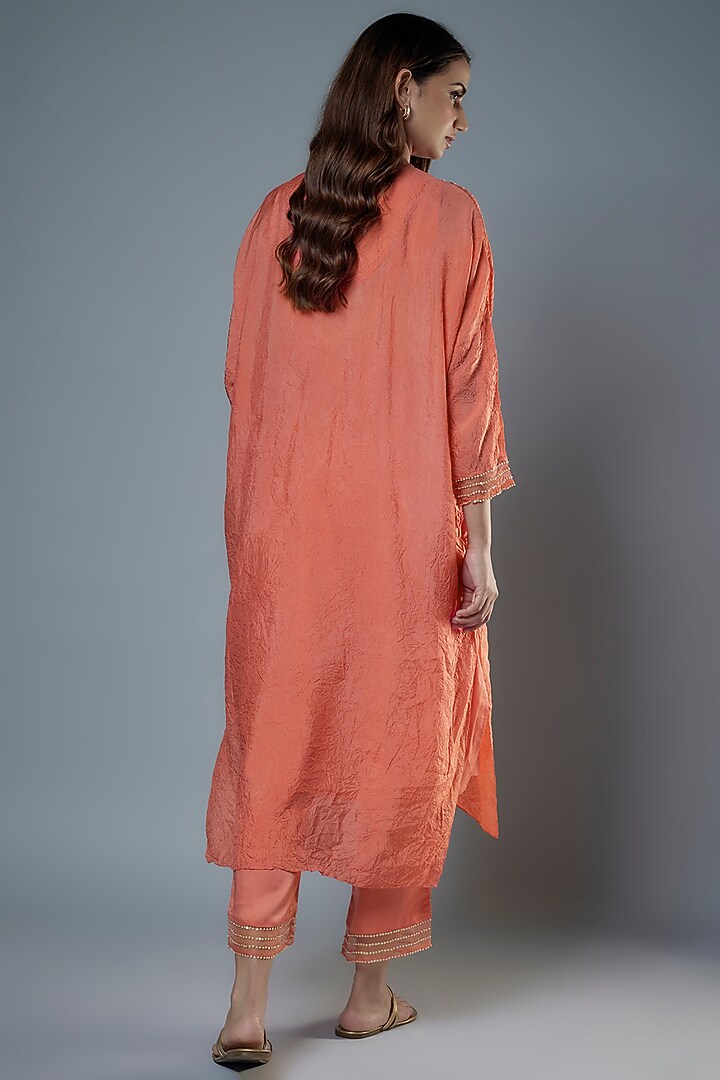 Coral Viscose Silk Hand Embroidered Kaftan Set by One not two at Pernia's Pop Up Shop