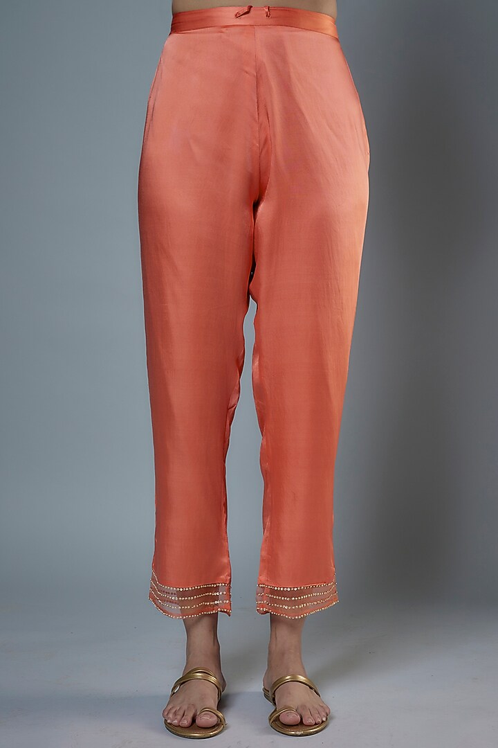 Coral Viscose Silk Hand Embroidered Kaftan Set by One not two at Pernia's Pop Up Shop