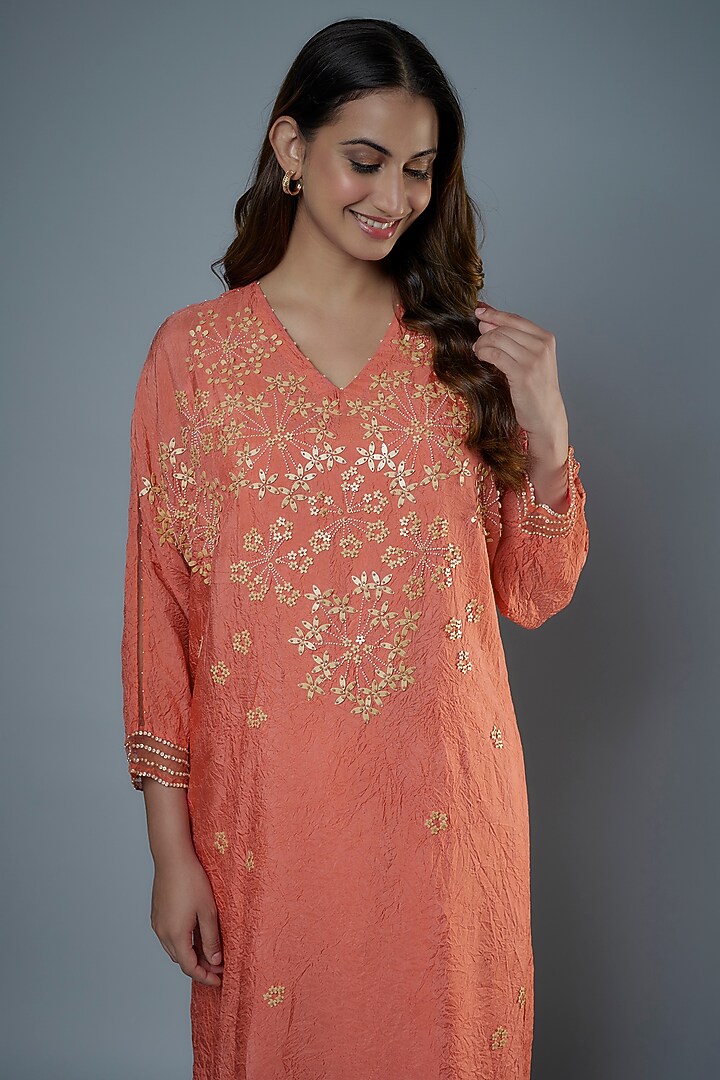 Coral Viscose Silk Hand Embroidered Kaftan Set by One not two at Pernia's Pop Up Shop