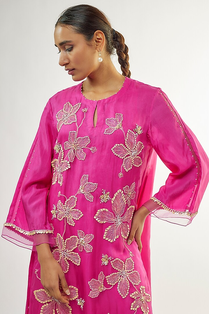 Hot Pink Silk Sequins Embroidered Kurta Set by One not two at Pernia's Pop Up Shop