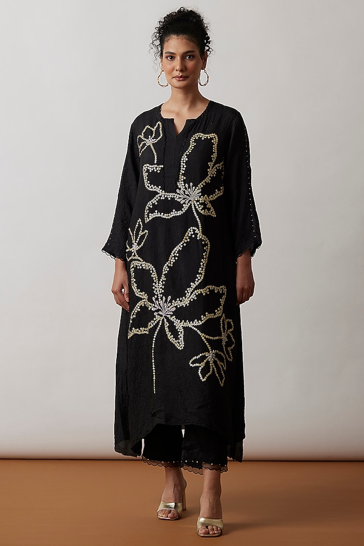 Black Viscose Silk Embroidered Kurta Set by One not two