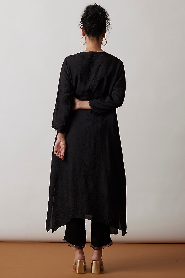 Black Viscose Silk Embroidered Kurta Set by One not two at Pernia's Pop Up Shop