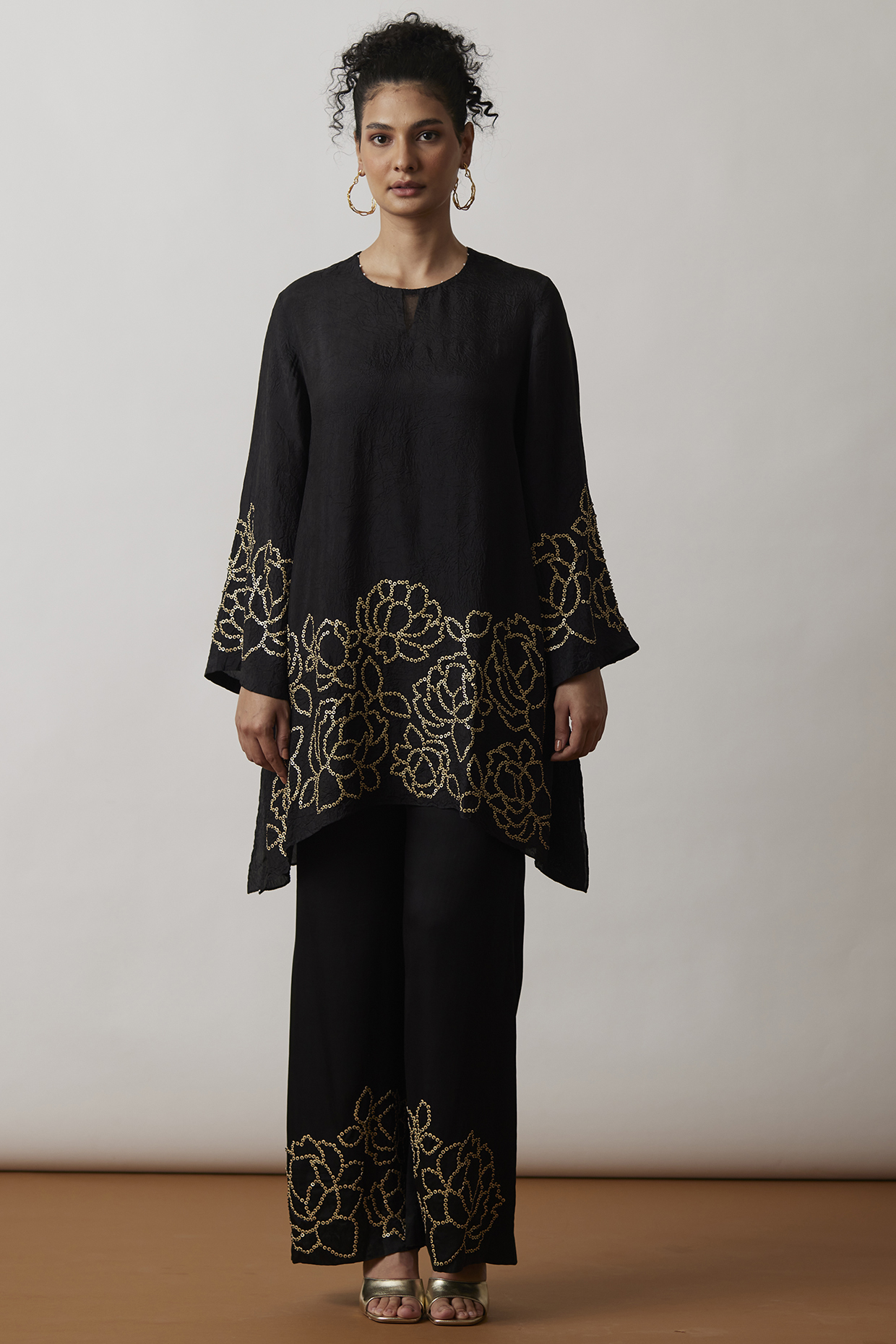 Black Viscose Silk Embroidered Tunic Set by One not two at Pernia's Pop Up Shop