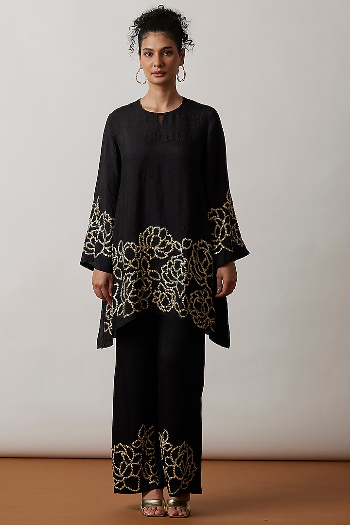 Black Viscose Silk Embroidered Tunic Set by One not two at Pernia's Pop Up Shop