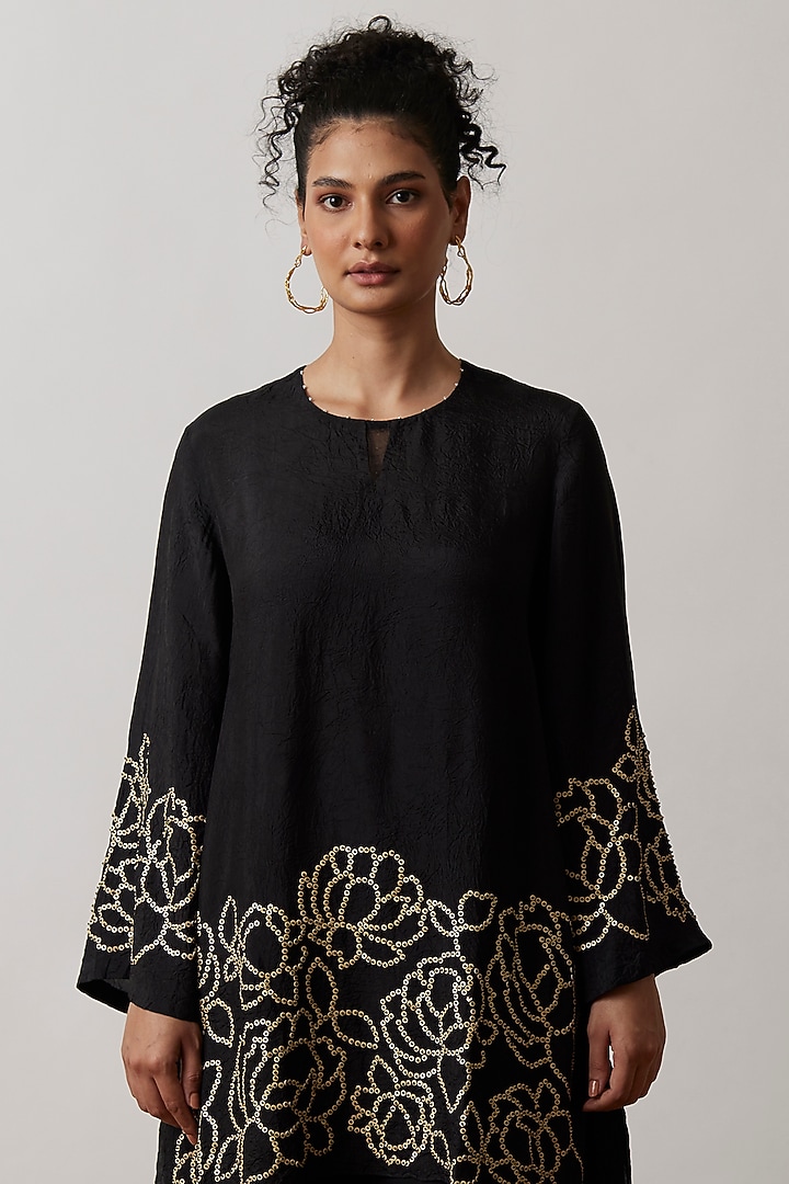 Black Viscose Silk Embroidered Tunic Set by One not two at Pernia's Pop Up Shop