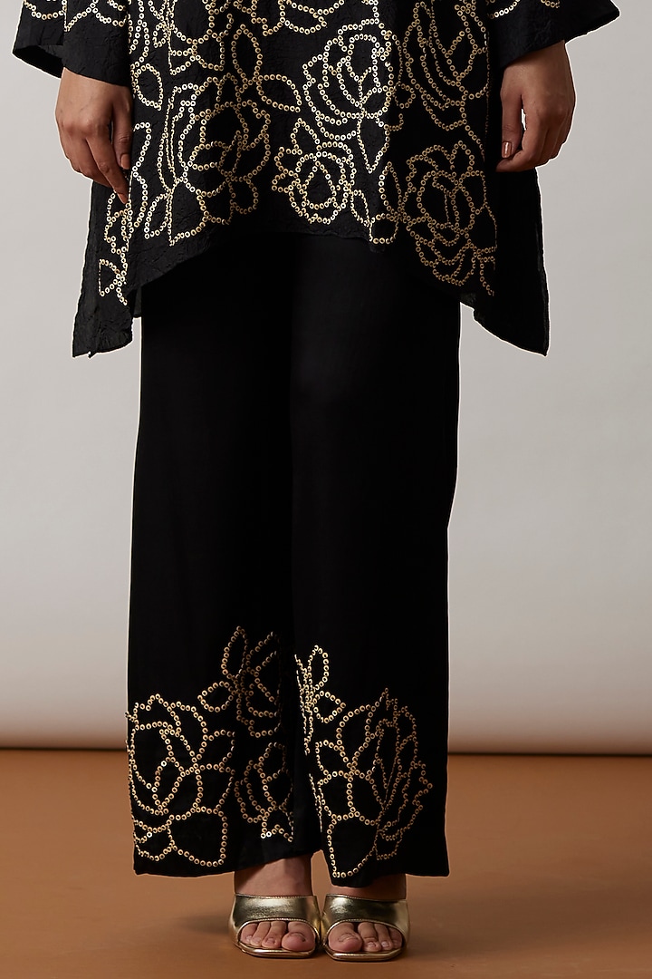 Black Viscose Silk Embroidered Tunic Set by One not two at Pernia's Pop Up Shop