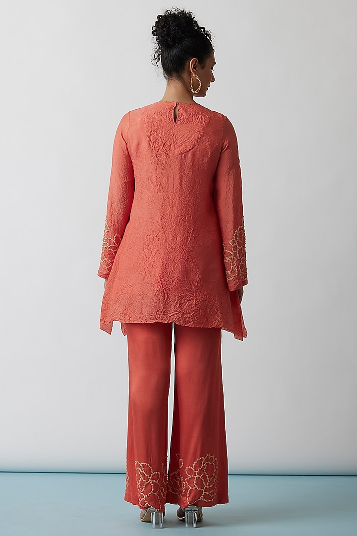 Coral Viscose Silk Embroidered Tunic Set by One not two at Pernia's Pop Up Shop