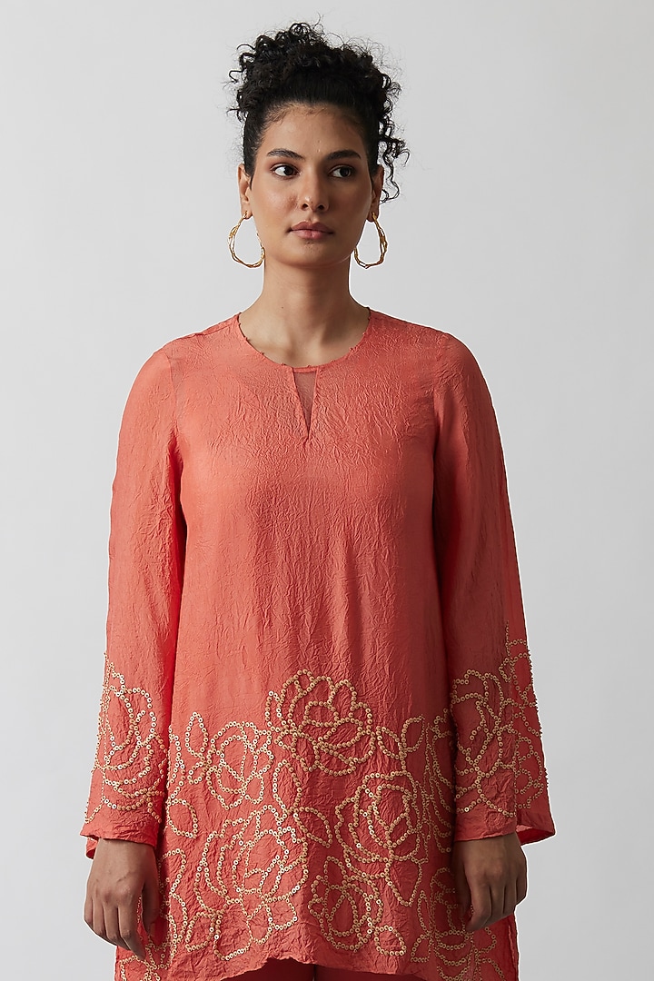 Coral Viscose Silk Embroidered Tunic Set by One not two at Pernia's Pop Up Shop