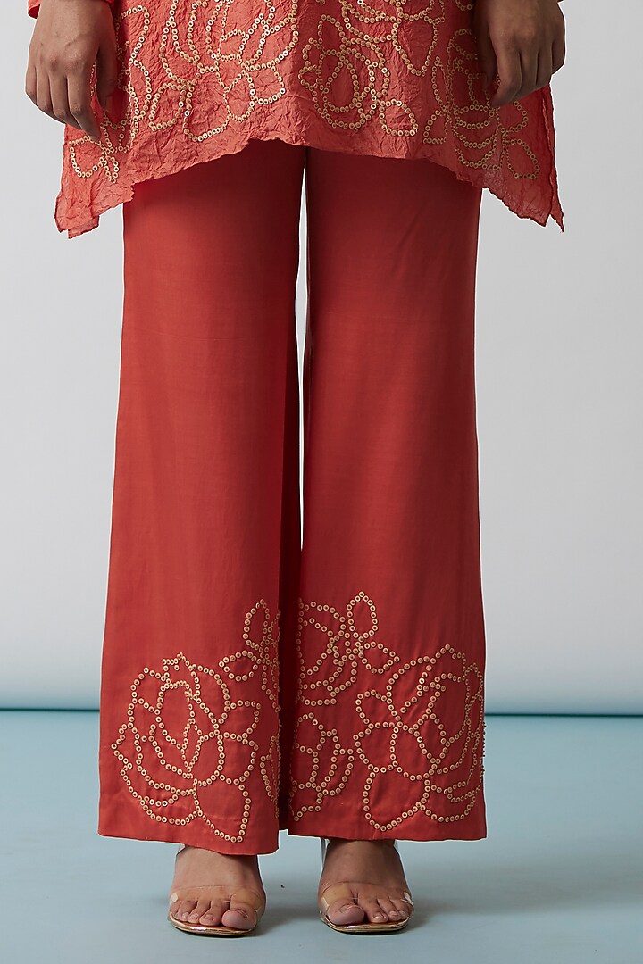 Coral Viscose Silk Embroidered Tunic Set by One not two at Pernia's Pop Up Shop
