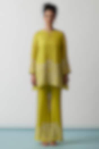 Yellow Viscose Silk Embroidered Tunic Set by One not two at Pernia's Pop Up Shop