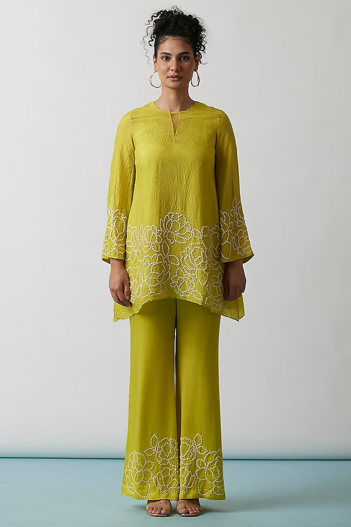 Yellow Viscose Silk Embroidered Tunic Set by One not two at Pernia's Pop Up Shop