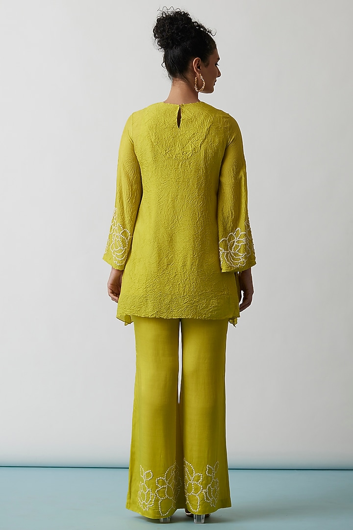 Yellow Viscose Silk Embroidered Tunic Set by One not two at Pernia's Pop Up Shop