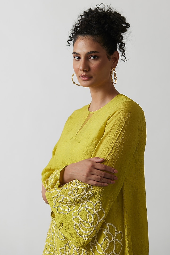 Yellow Viscose Silk Embroidered Tunic Set by One not two at Pernia's Pop Up Shop