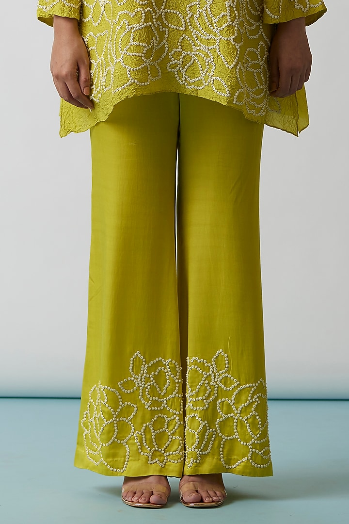 Yellow Viscose Silk Embroidered Tunic Set by One not two at Pernia's Pop Up Shop