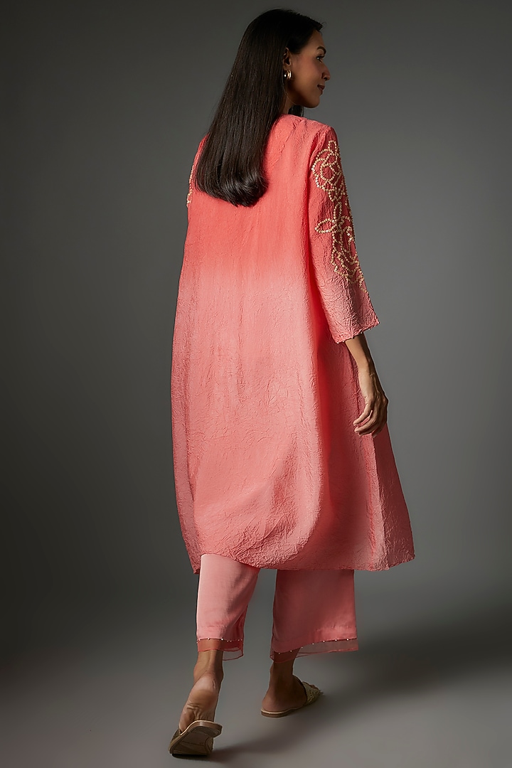 Coral Viscose Silk Hand Embroidered Kurta Set by One not two at Pernia's Pop Up Shop