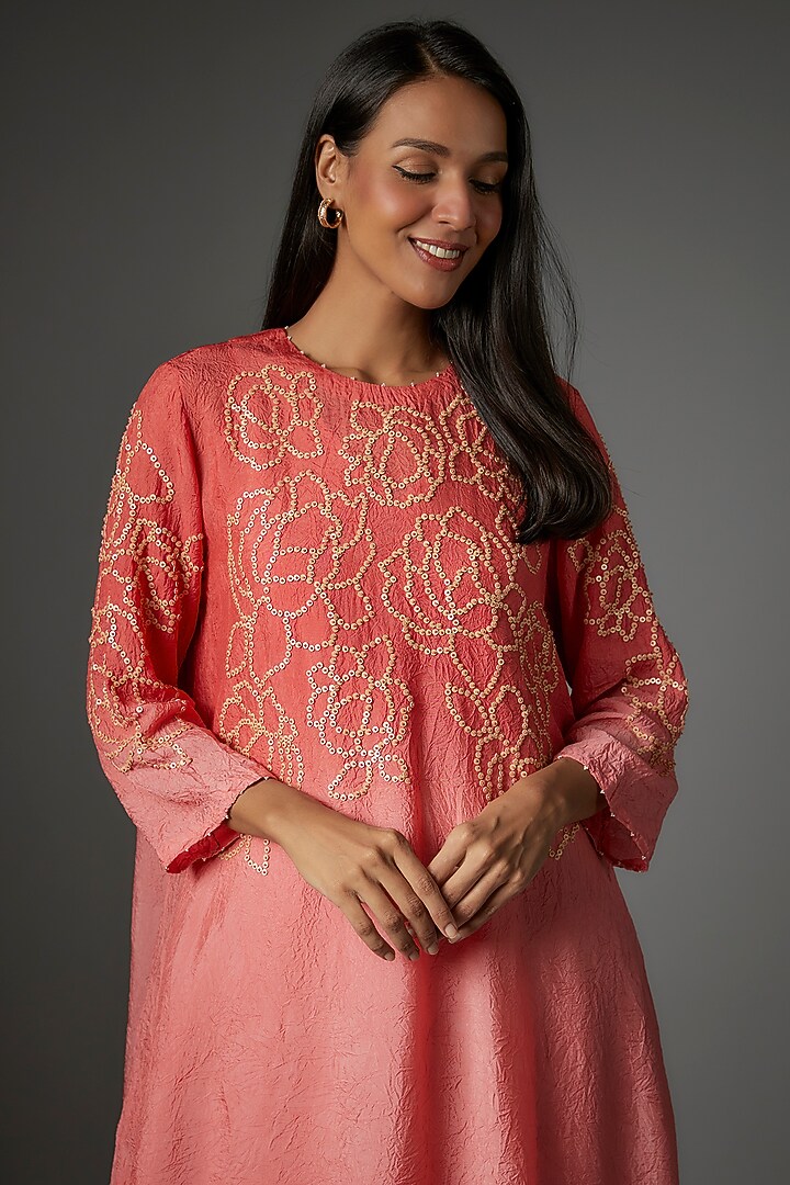 Coral Viscose Silk Hand Embroidered Kurta Set by One not two at Pernia's Pop Up Shop