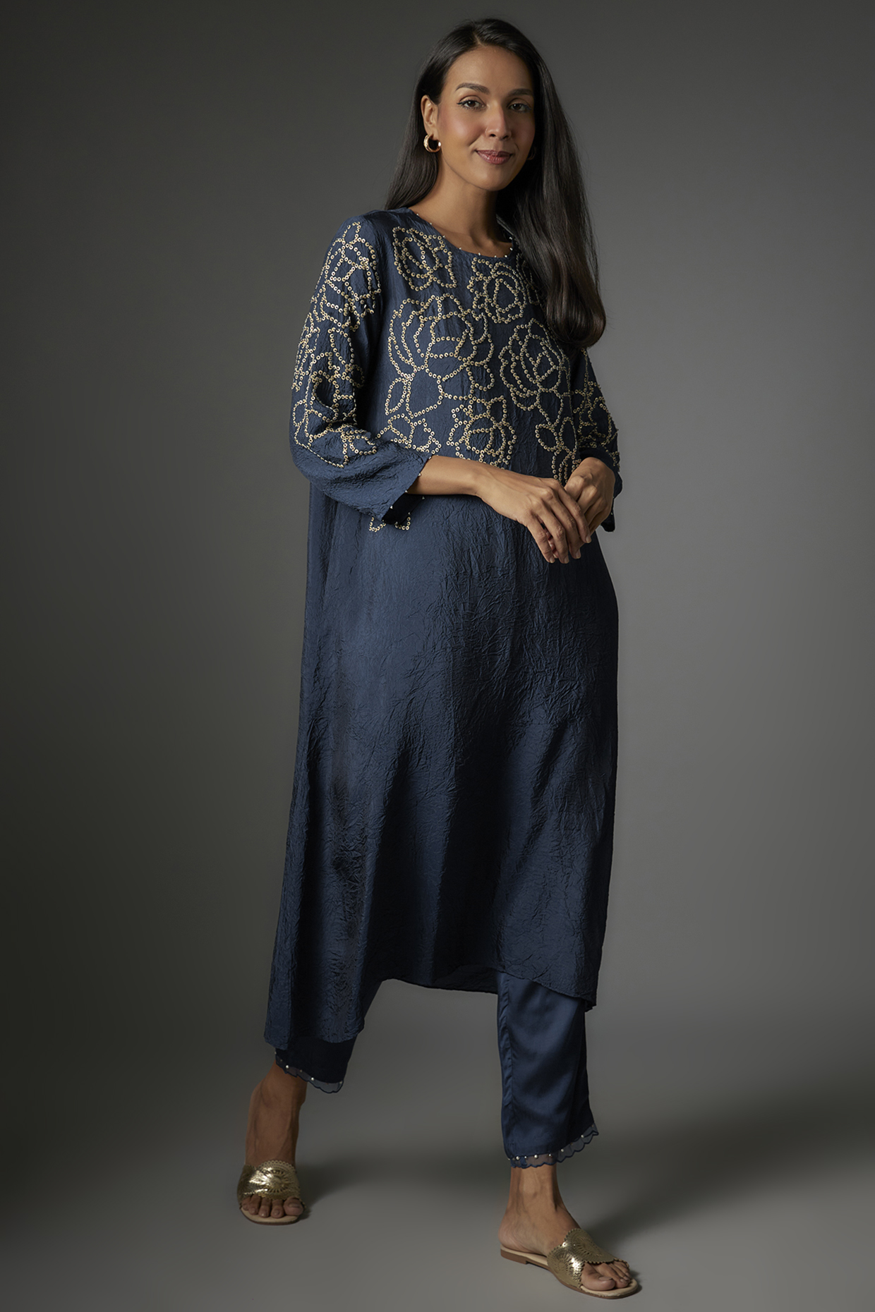 Navy Viscose Silk Hand Embroidered Kurta Set by One not two at Pernia's Pop Up Shop
