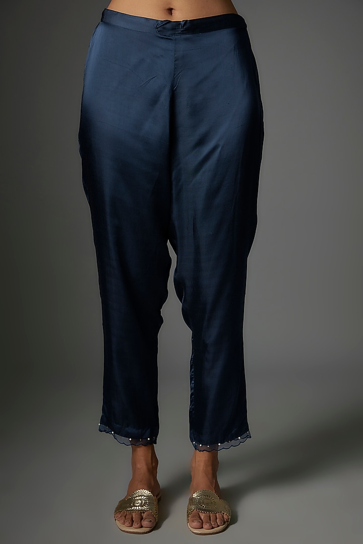 Navy Viscose Silk Hand Embroidered Kurta Set by One not two at Pernia's Pop Up Shop