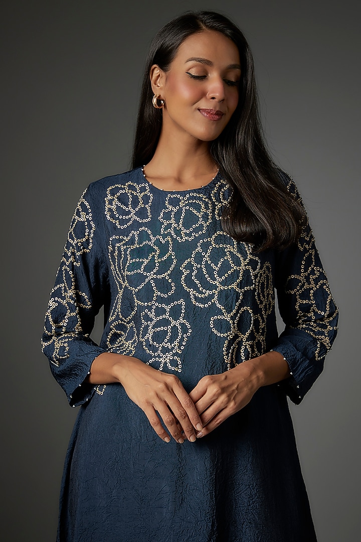 Navy Viscose Silk Hand Embroidered Kurta Set by One not two at Pernia's Pop Up Shop