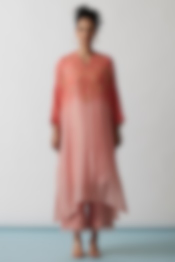 Coral Ombre Viscose Silk Embroidered Kaftan Set by One not two at Pernia's Pop Up Shop