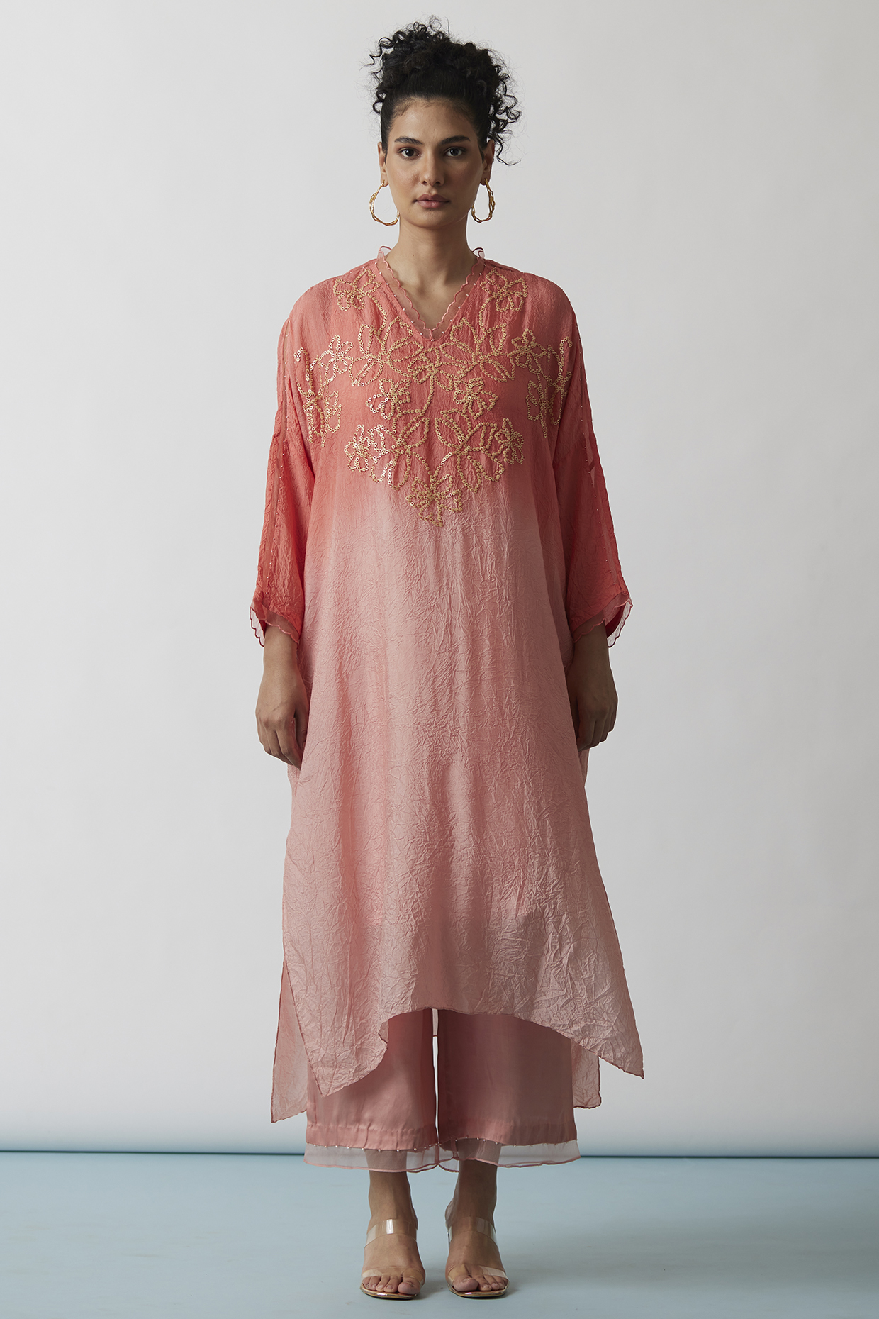 Coral Ombre Viscose Silk Embroidered Kaftan Set by One not two at Pernia's Pop Up Shop