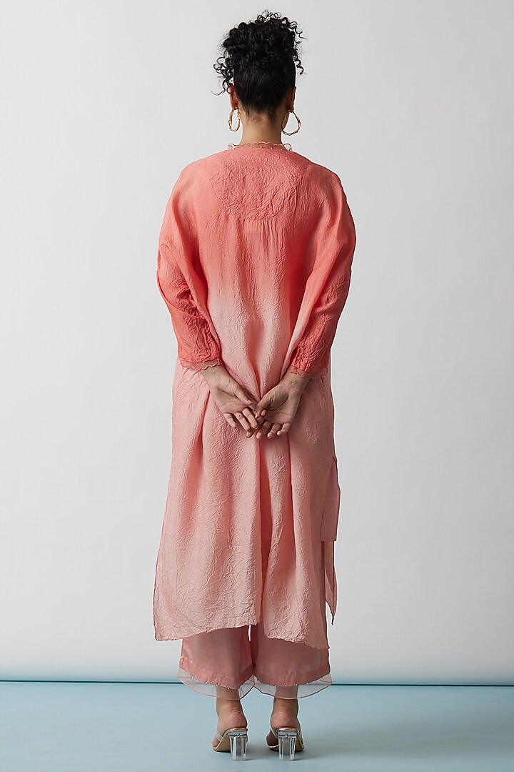 Coral Ombre Viscose Silk Embroidered Kaftan Set by One not two at Pernia's Pop Up Shop