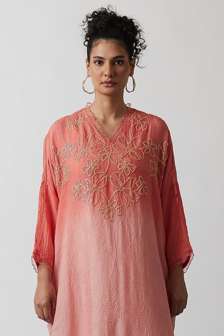 Coral Ombre Viscose Silk Embroidered Kaftan Set by One not two at Pernia's Pop Up Shop