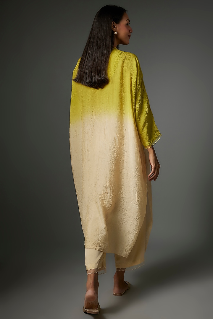 Lime Viscose Silk Hand Embroidered Kaftan Set by One not two at Pernia's Pop Up Shop