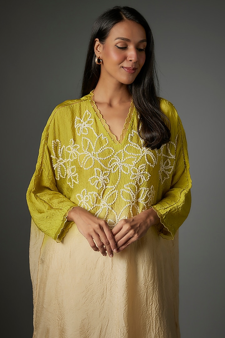 Lime Viscose Silk Hand Embroidered Kaftan Set by One not two at Pernia's Pop Up Shop