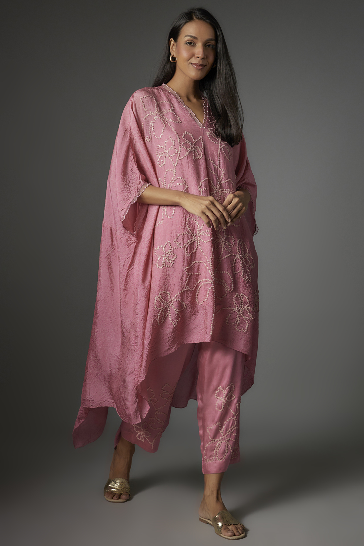Rose Pink Viscose Silk Embroidered Kaftan Set by One not two at Pernia's Pop Up Shop