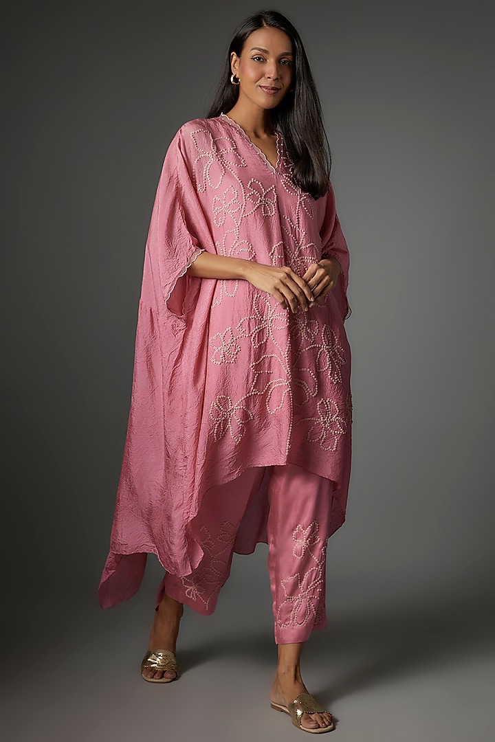 Rose Pink Viscose Silk Embroidered Kaftan Set by One not two at Pernia's Pop Up Shop