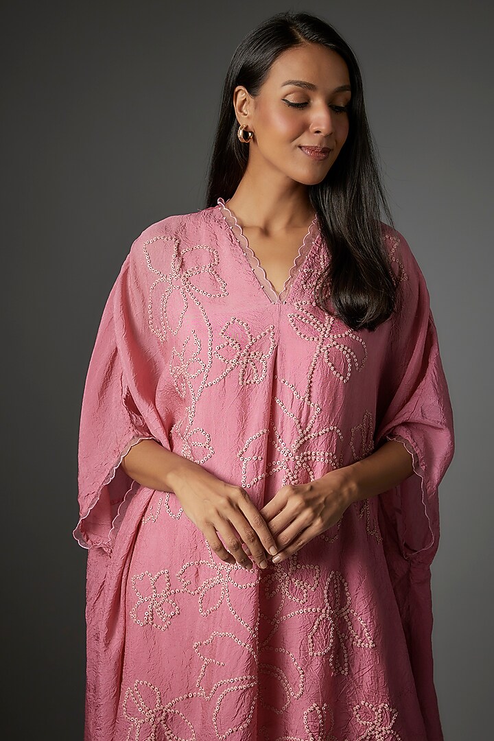 Rose Pink Viscose Silk Embroidered Kaftan Set by One not two at Pernia's Pop Up Shop
