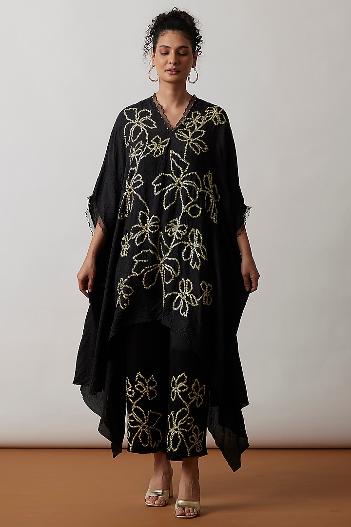 Black Viscose Silk Embroidered Kaftan Set by One not two