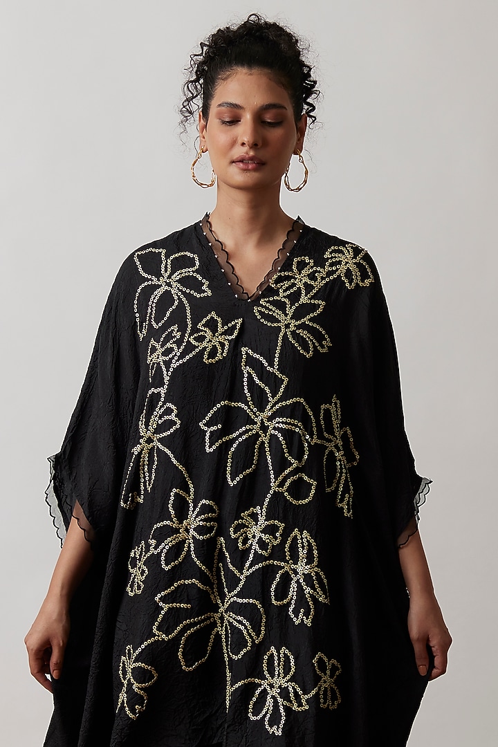 Black Viscose Silk Embroidered Kaftan Set by One not two at Pernia's Pop Up Shop
