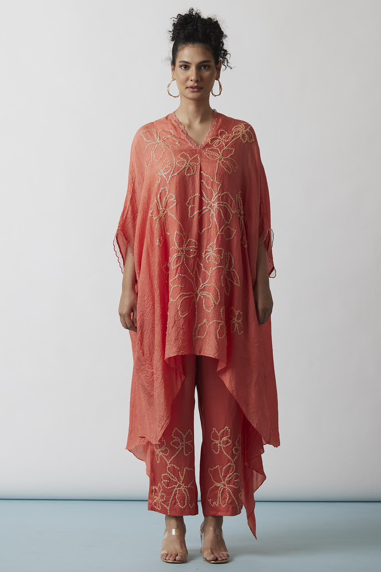 Coral Viscose Silk Embroidered Kaftan Set by One not two at Pernia's Pop Up Shop