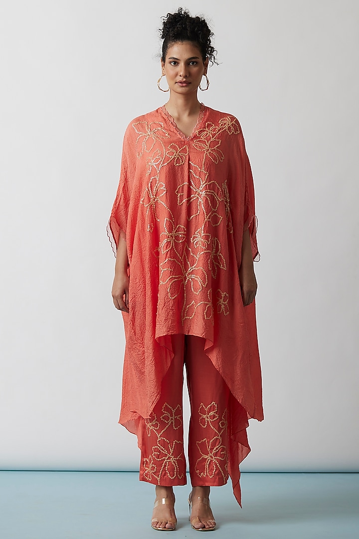 Coral Viscose Silk Embroidered Kaftan Set by One not two at Pernia's Pop Up Shop