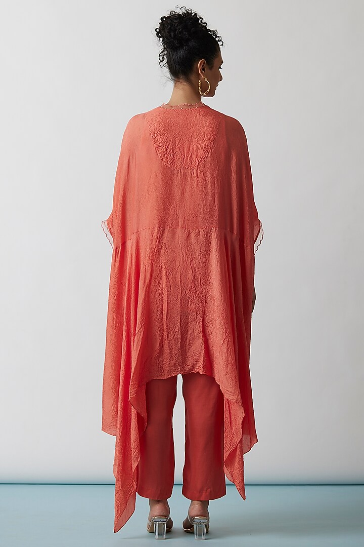 Coral Viscose Silk Embroidered Kaftan Set by One not two at Pernia's Pop Up Shop