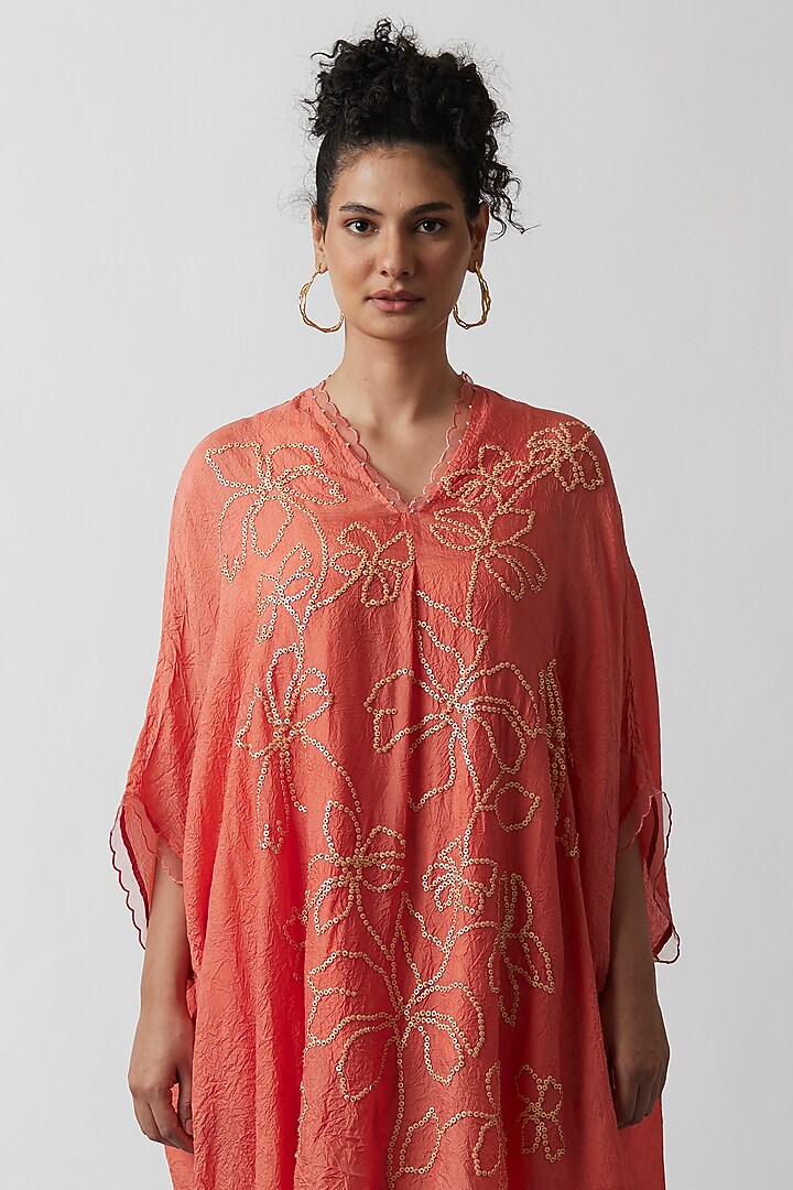 Coral Viscose Silk Embroidered Kaftan Set by One not two at Pernia's Pop Up Shop