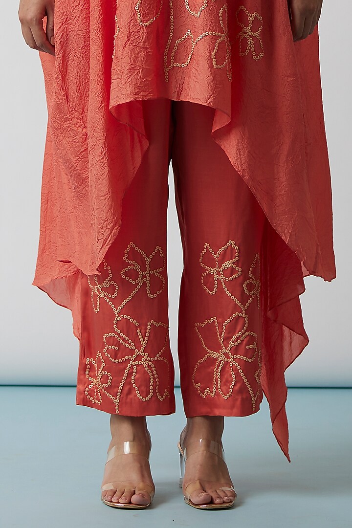 Coral Viscose Silk Embroidered Kaftan Set by One not two at Pernia's Pop Up Shop