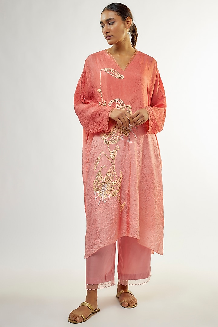 Coral Ombre Silk Bead Embroidered Kurta Set by One not two