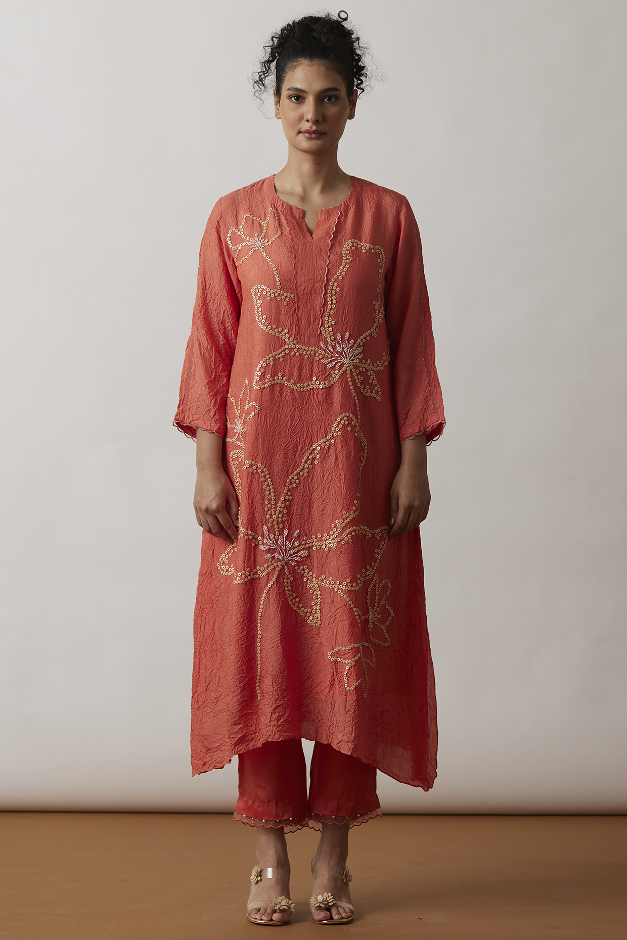 Coral Viscose Silk Embroidered Kurta Set by One not two at Pernia's Pop Up Shop